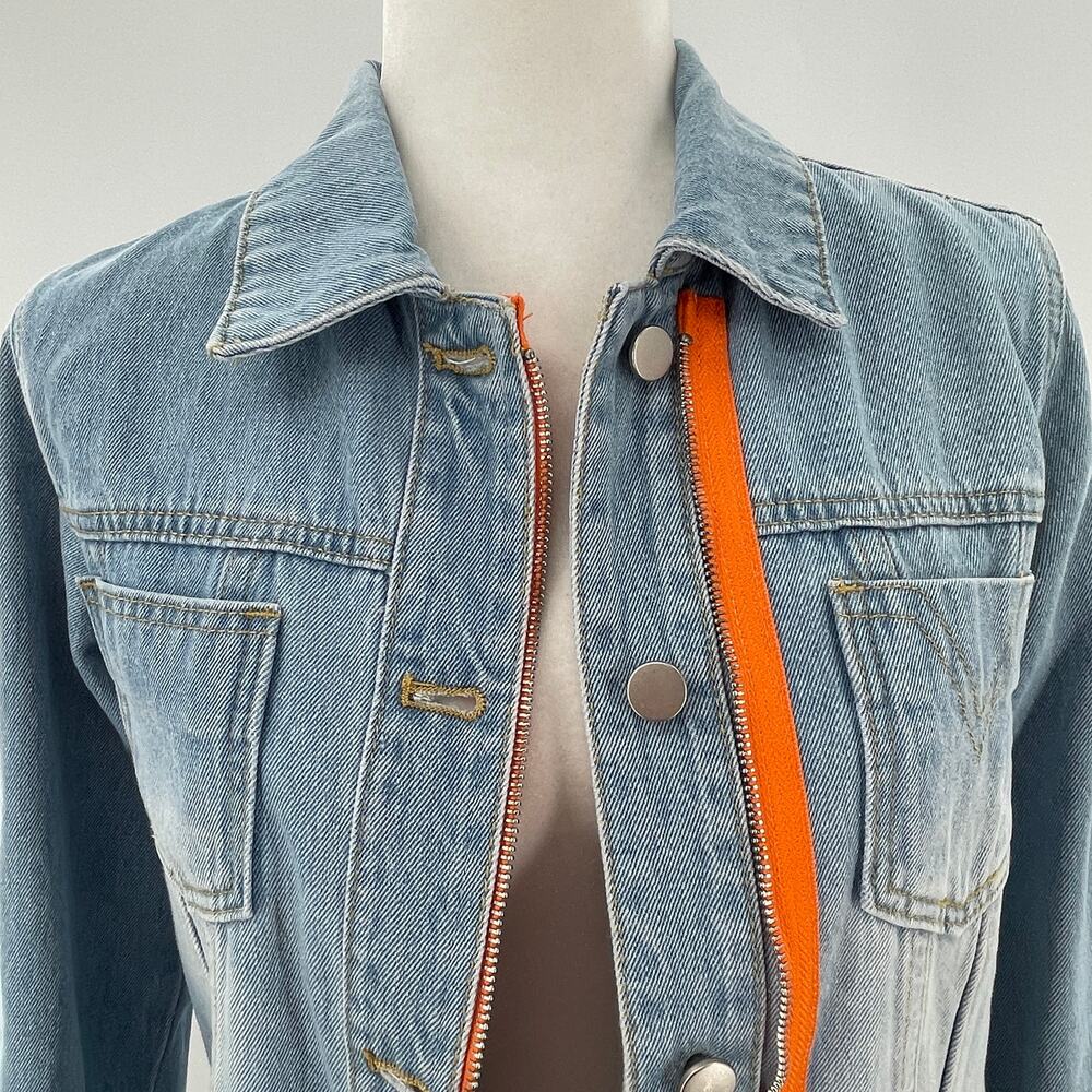 Lee Cooper Vtg 90s Blue Denim Orange Trim Button Asym Zip Classic Jean Jacket M - Picture 4 of 11